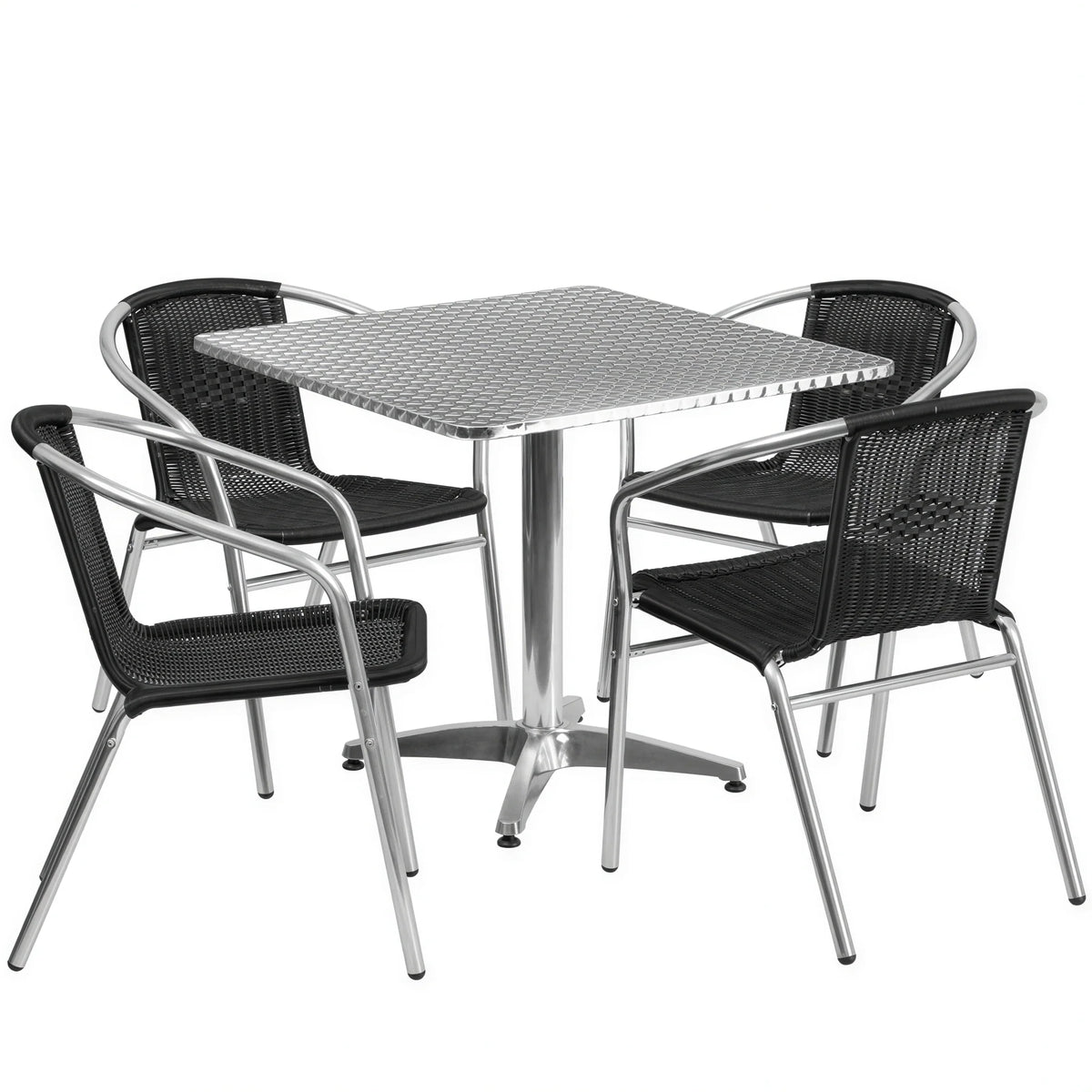 Flash Furniture TLH-ALUM-32SQ-020BKCHR4-GG Square Stainless Steel Table Set with 4 Black Rattan Stacking Chairs, 31-1/2" Table