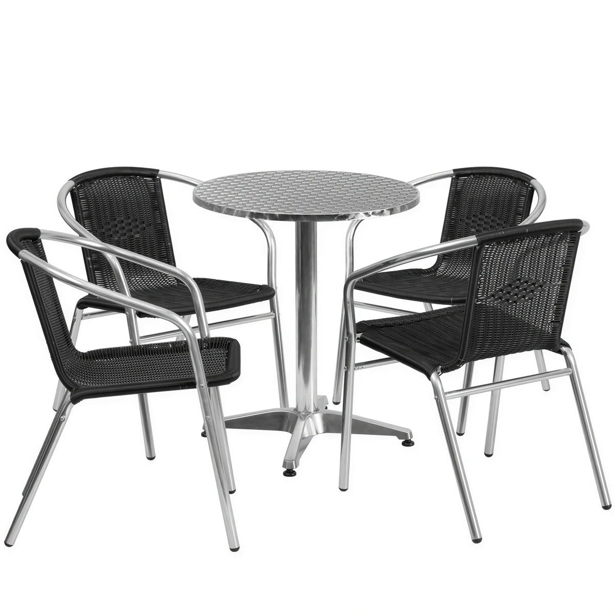 Flash Furniture TLH-ALUM-24RD-020BKCHR4-GG Round Stainless Steel-Top Table with 4 Black Rattan Stacking Chairs, Aluminum