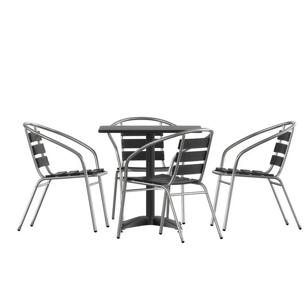 Flash Furniture TLH-ALUM-28SQ-017BK4-GG Square Metal Table Set with Four Black Aluminum Slat-Back Chairs