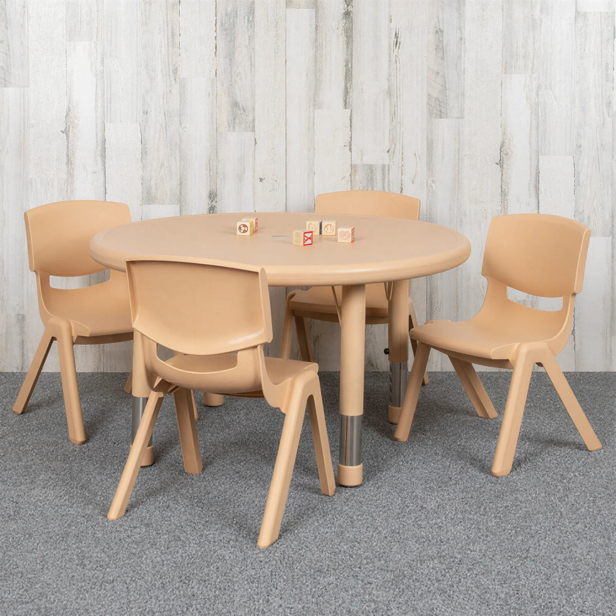 Flash Furniture Emmy YU-YCX-0073-2-ROUND-TBL-NAT-E-GG Preschool Round Adjustable-Height Activity Table Set with 4 Stacking Chairs