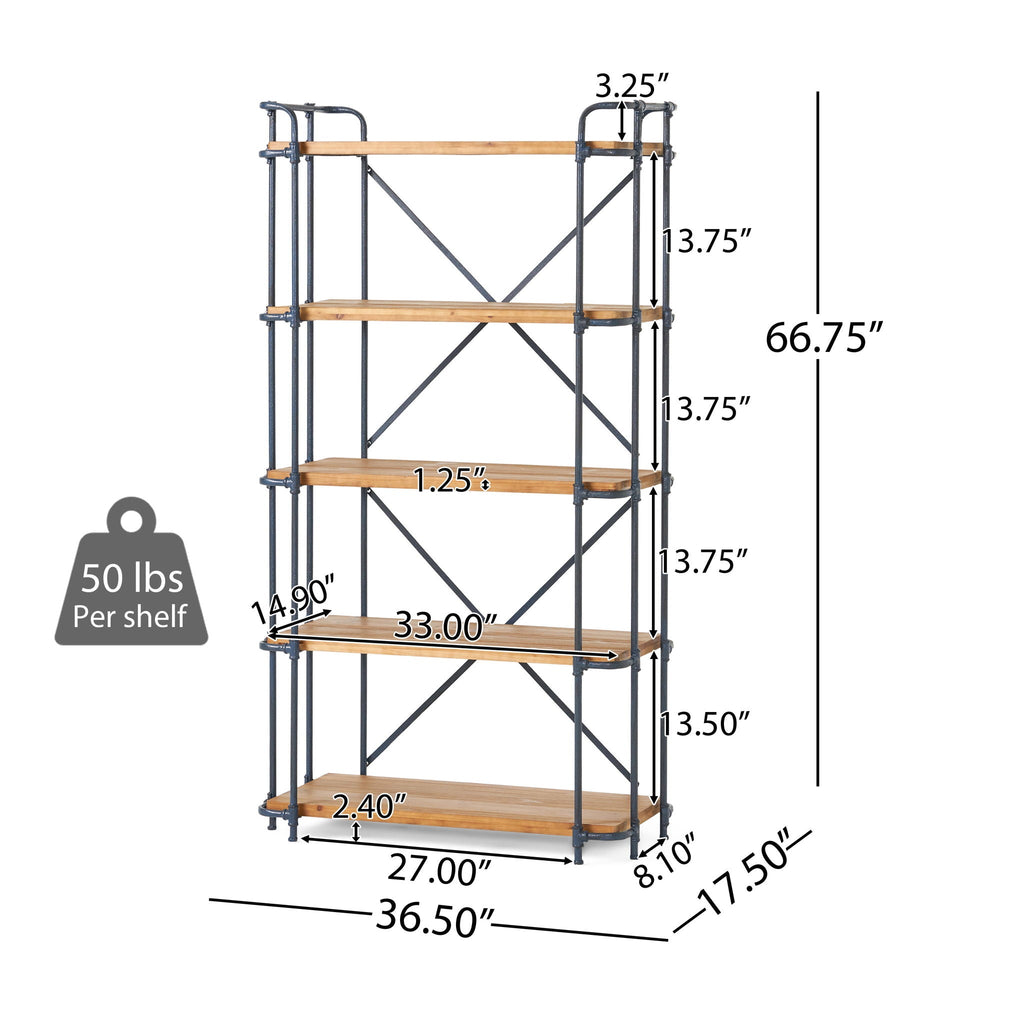 Yorktown Industrial 5 Shelf Bookcase with Metal Pipework and Fir Wood - Natural