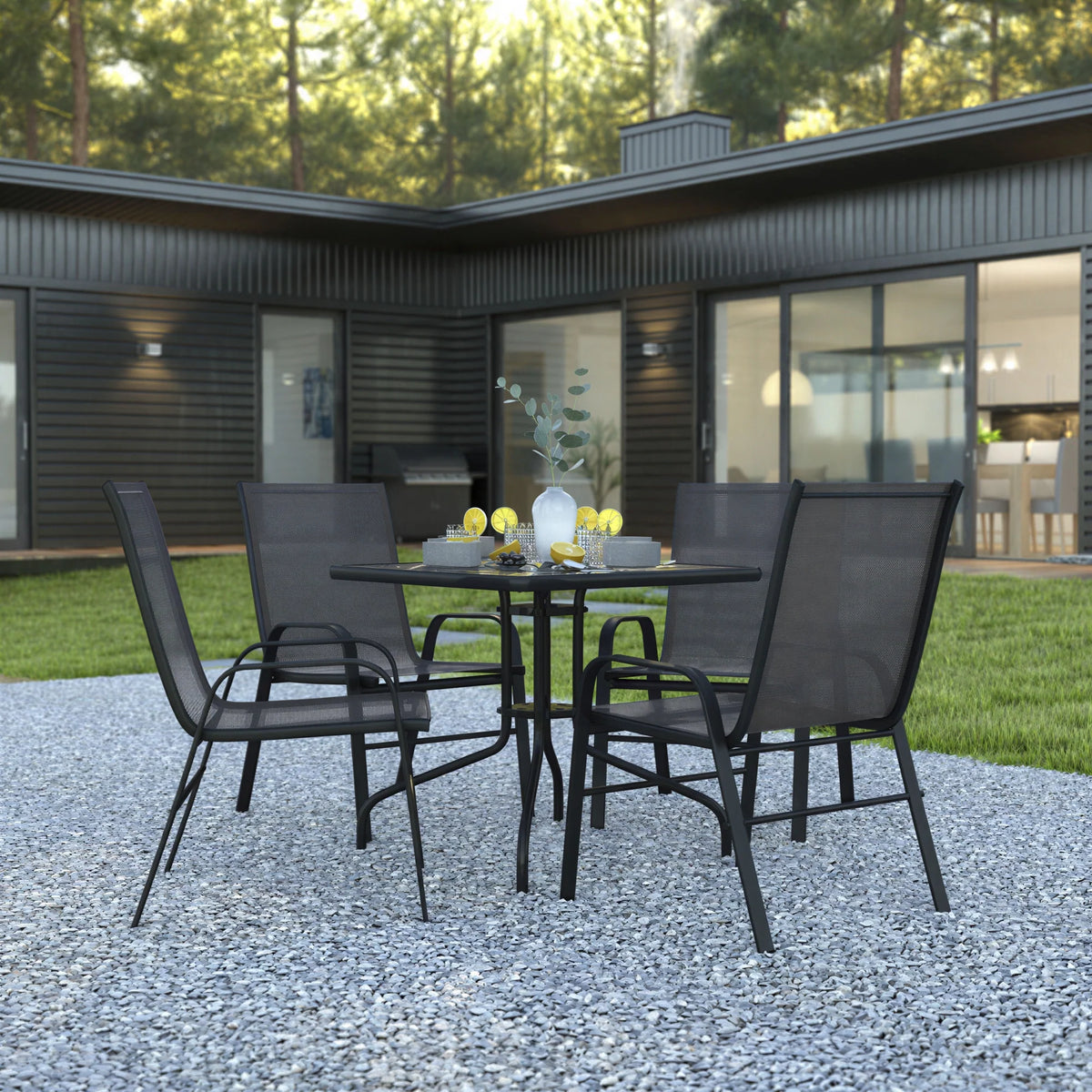 Flash Furniture TLH-073A2303C-GG 5-Piece Outdoor Patio Dining Set with 31.5-Inch Square Tempered Glass Table and 4 Black Stack Chairs