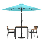 Flash Furniture XU-DG-810060062-UB19BTL-GG Patio Square Dining Table Set with Synthetic Teak Slotted Top, Teal Umbrella, Base & 2 Stacking Chairs