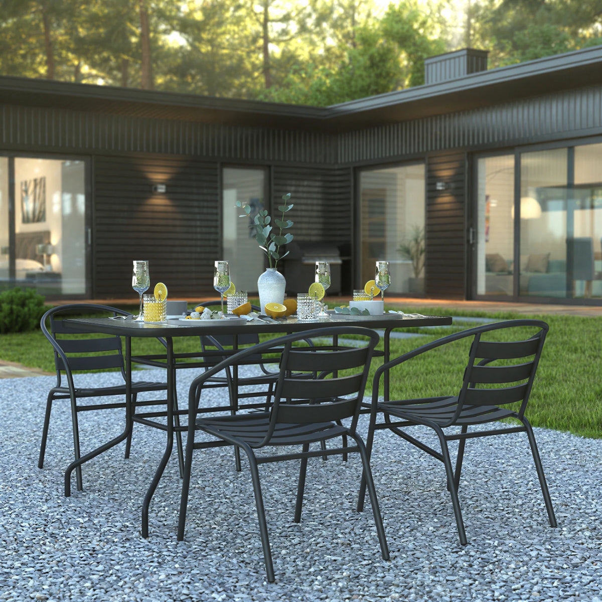 Flash Furniture TLH-089REC-017CBK4-GG 5-Piece Patio Dining Set with 55-Inch Tempered Glass Table, Umbrella Hole and 4 Black Aluminum Slat Chairs