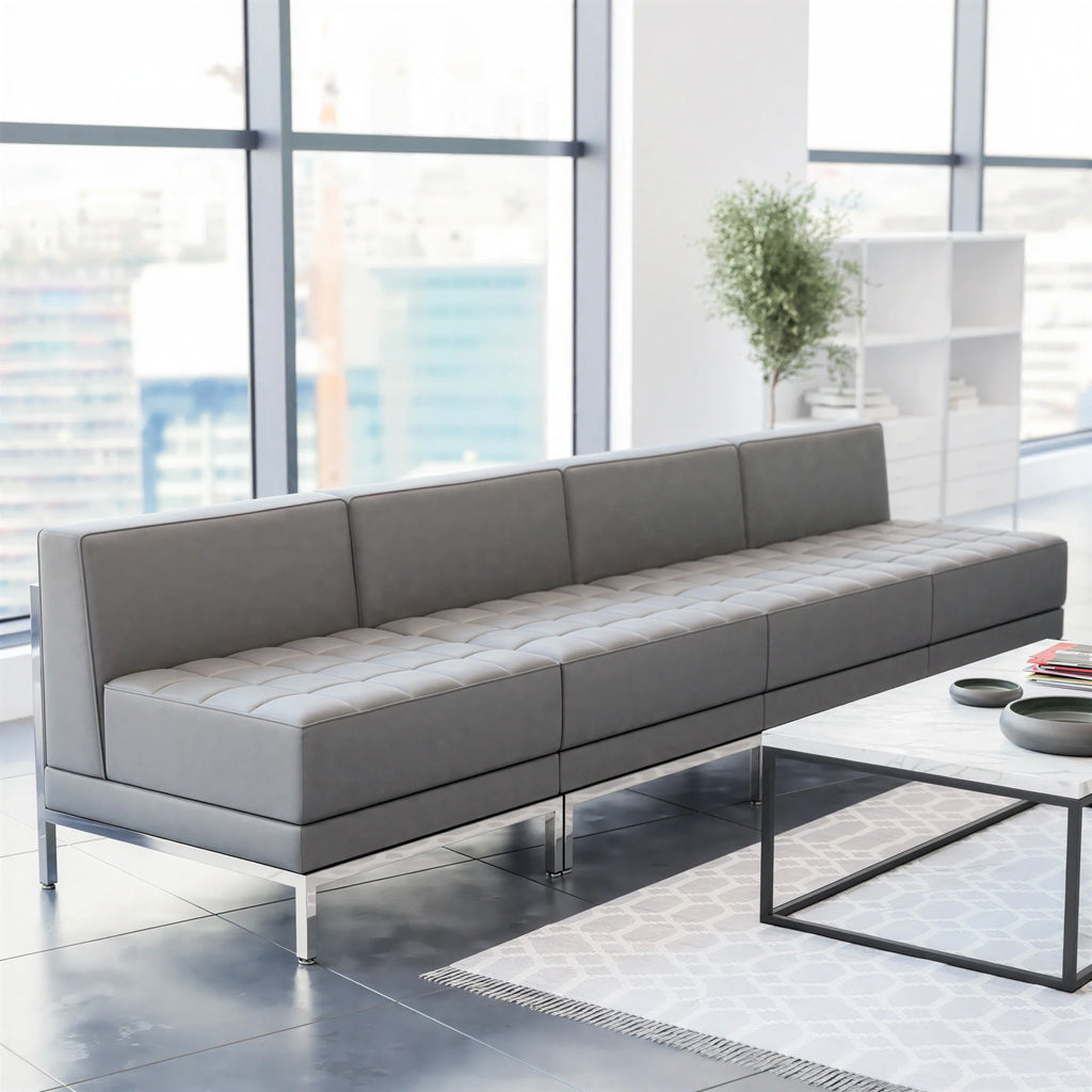 Flash Furniture Hercules - Imagination ZB-IMAG-MIDCH-4-GY-GG Modular Lounge Set, 4 Middle Chairs, Gray LeatherSoft, Tufted Seat, Stainless Steel Legs