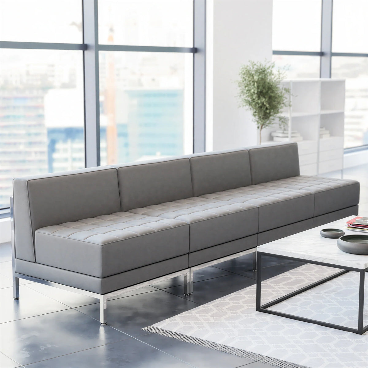 Flash Furniture Hercules - Imagination ZB-IMAG-MIDCH-4-GY-GG Modular Lounge Set, 4 Middle Chairs, Gray LeatherSoft, Tufted Seat, Stainless Steel Legs