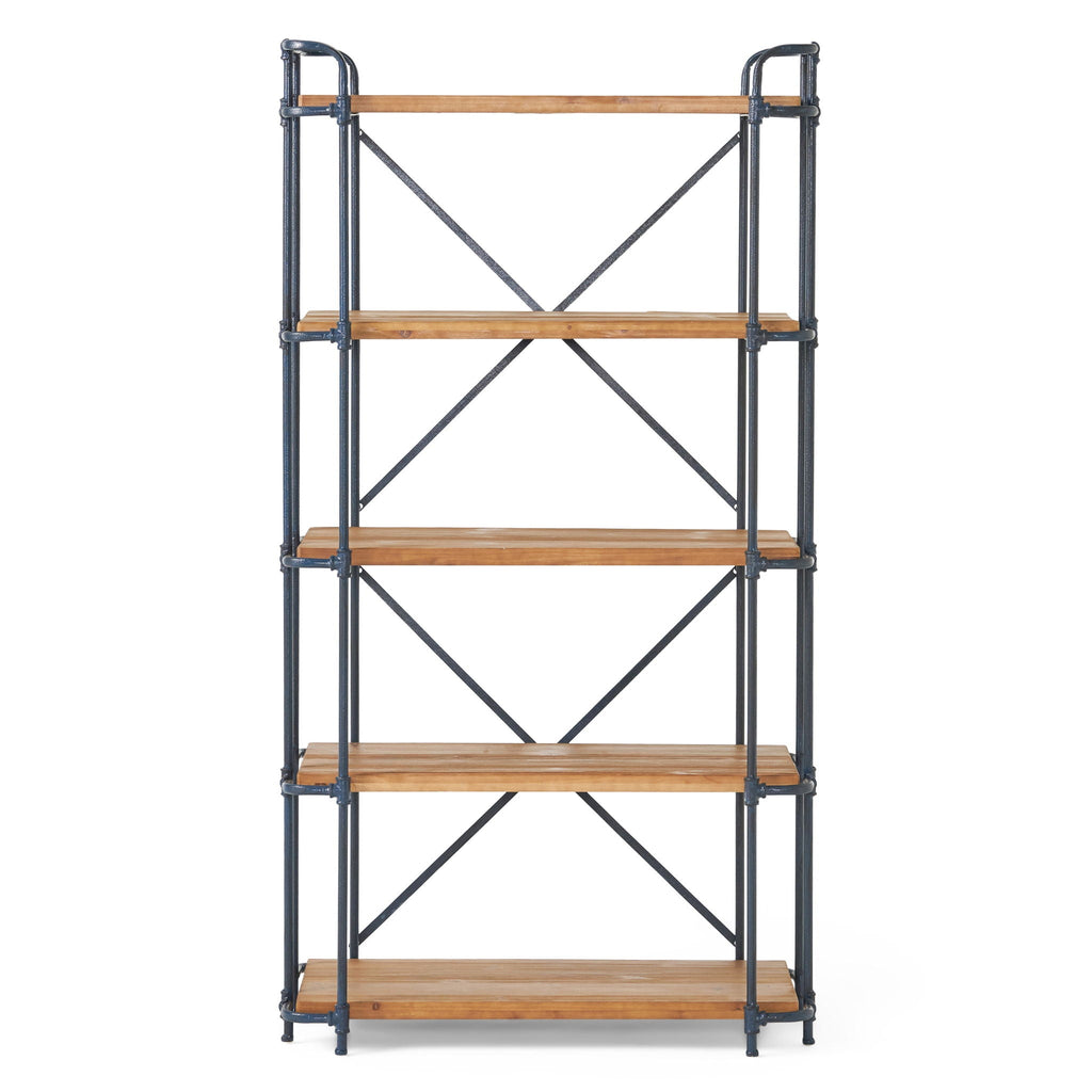 Yorktown Industrial 5 Shelf Bookcase with Metal Pipework and Fir Wood - Natural
