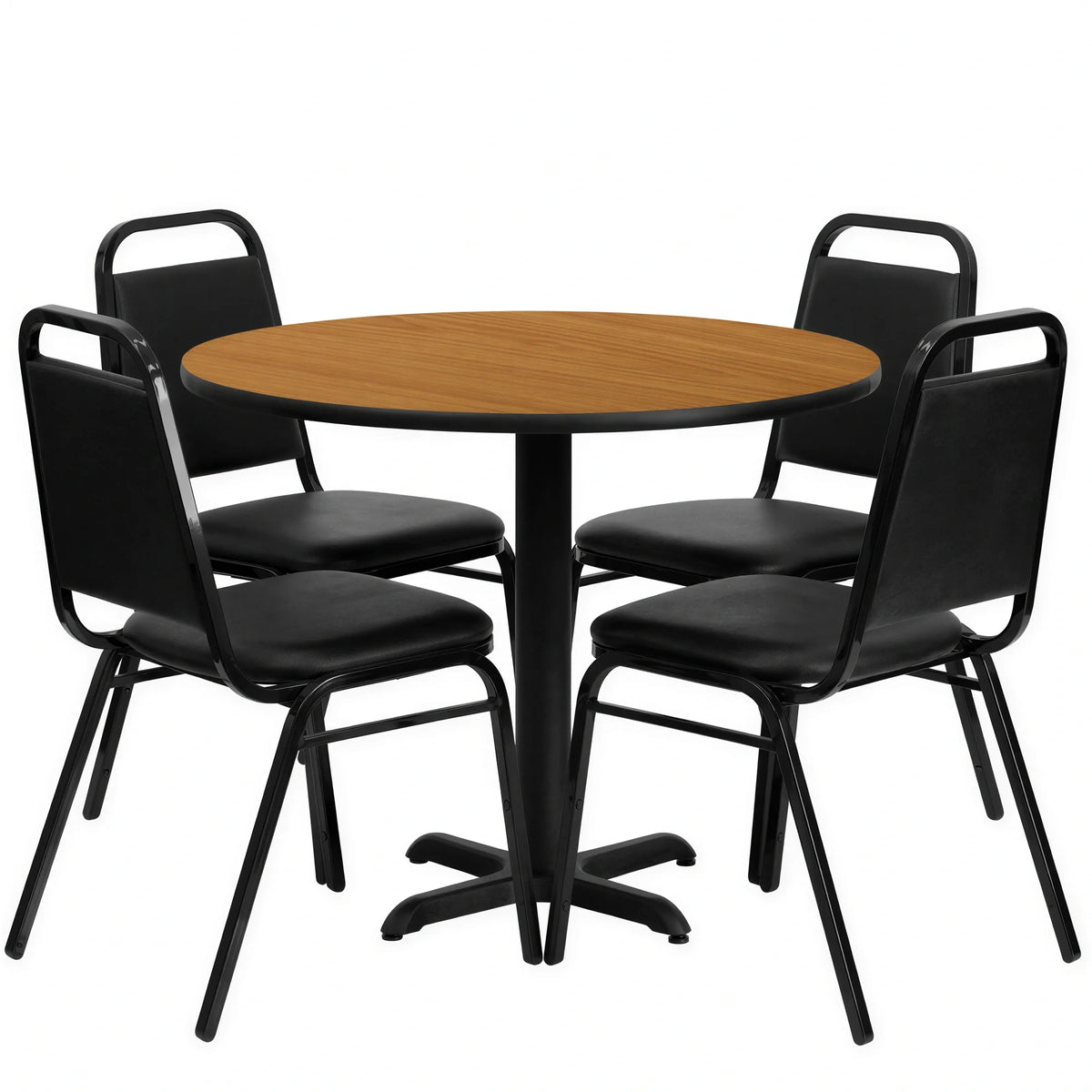 Flash Furniture HDBF1003-GG Round Table and 4 Banquet Chair Set, 36-inch Natural Laminate Table, Black Base, Vinyl Upholstered Chairs