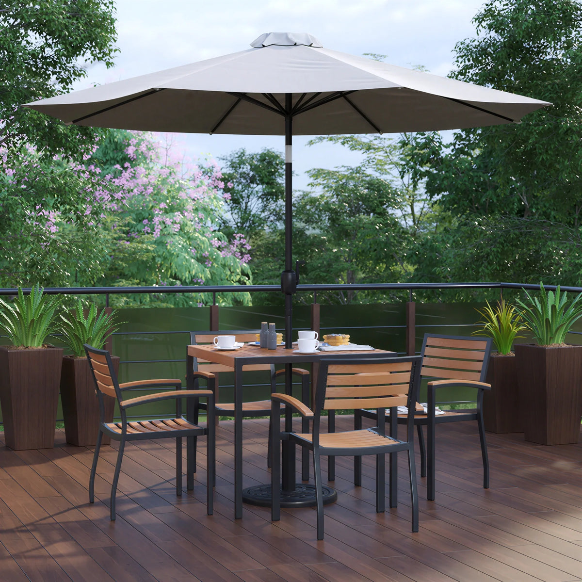 Flash Furniture XU-DG-810060064-UB19BGY-GG 35" Square Patio Dining Table Set with Umbrella, Base and 4 Stacking Chairs