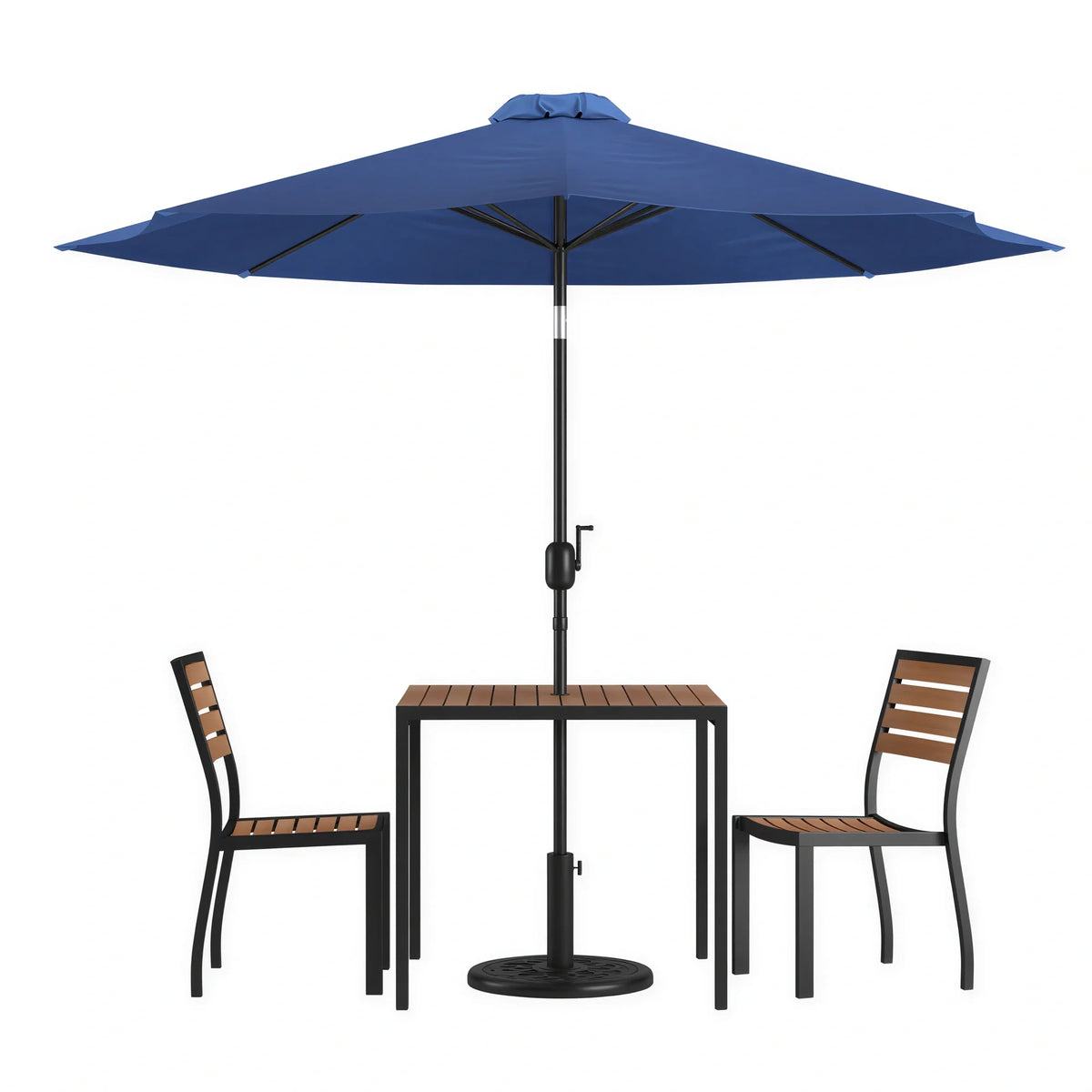 Flash Furniture XU-DG-810060362-UB19BNV-GG 35" Square Patio Dining Table Set with Synthetic Teak Slotted Top, Navy Umbrella, Base and 2 Chairs