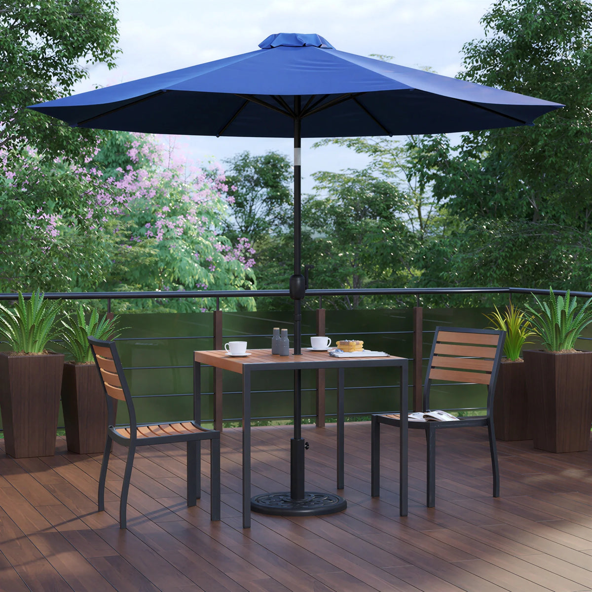 Flash Furniture XU-DG-810060362-UB19BNV-GG 35" Square Patio Dining Table Set with Synthetic Teak Slotted Top, Navy Umbrella, Base and 2 Chairs