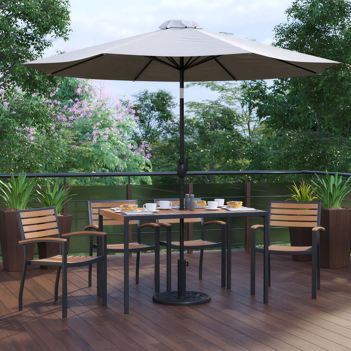 Flash Furniture XU-DG-304860064-UB19BGY-GG Patio Dining Table Set, Rectangular Synthetic Teak Slotted Top, Gray Umbrella and 4 Stacking Chairs