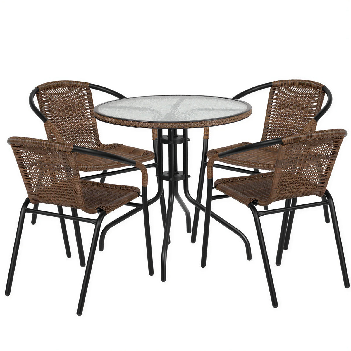 Flash Furniture TLH-087RD-037BN4-GG 28-Inch Round Glass-Top Table and 4 Stacking Armchairs Set, Dark Brown Rattan, Black Metal Frames