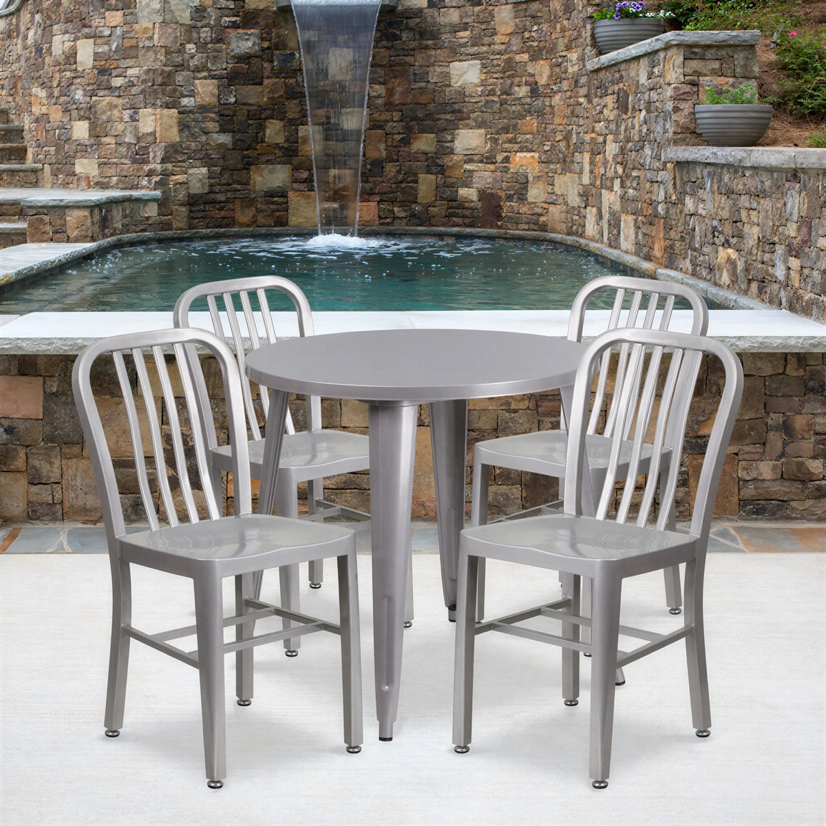 Flash Furniture CH-51090TH-4-18VRT-SIL-GG 30-Inch Round Table and 4 Silver Metal Slat-Back Chairs Set
