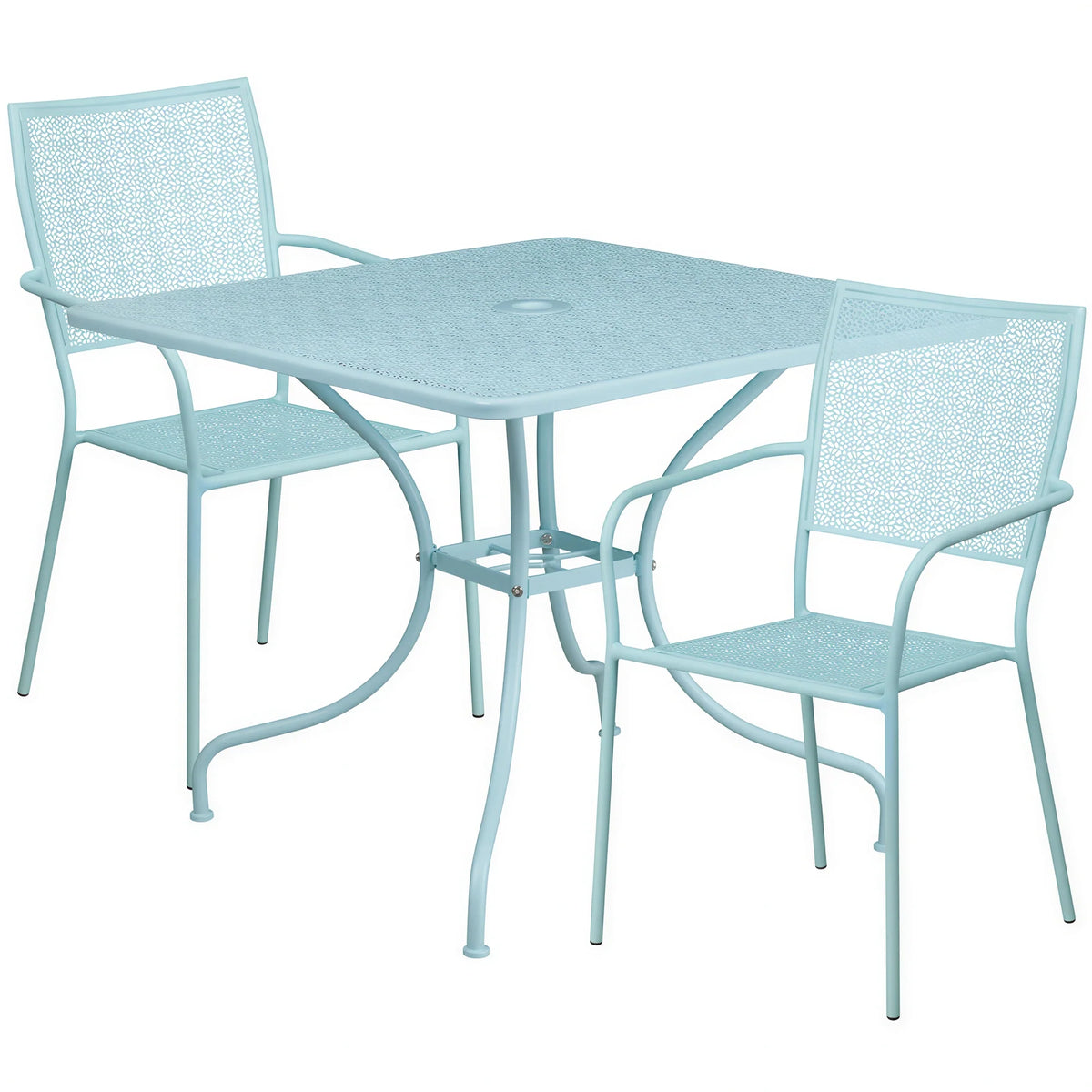 Flash Furniture CO-35SQ-02CHR2-SKY-GG Square Steel Patio Table Set with 2 Stacking Arm Chairs, 35-1/2" Table, 28-3/4" High, Sky Blue