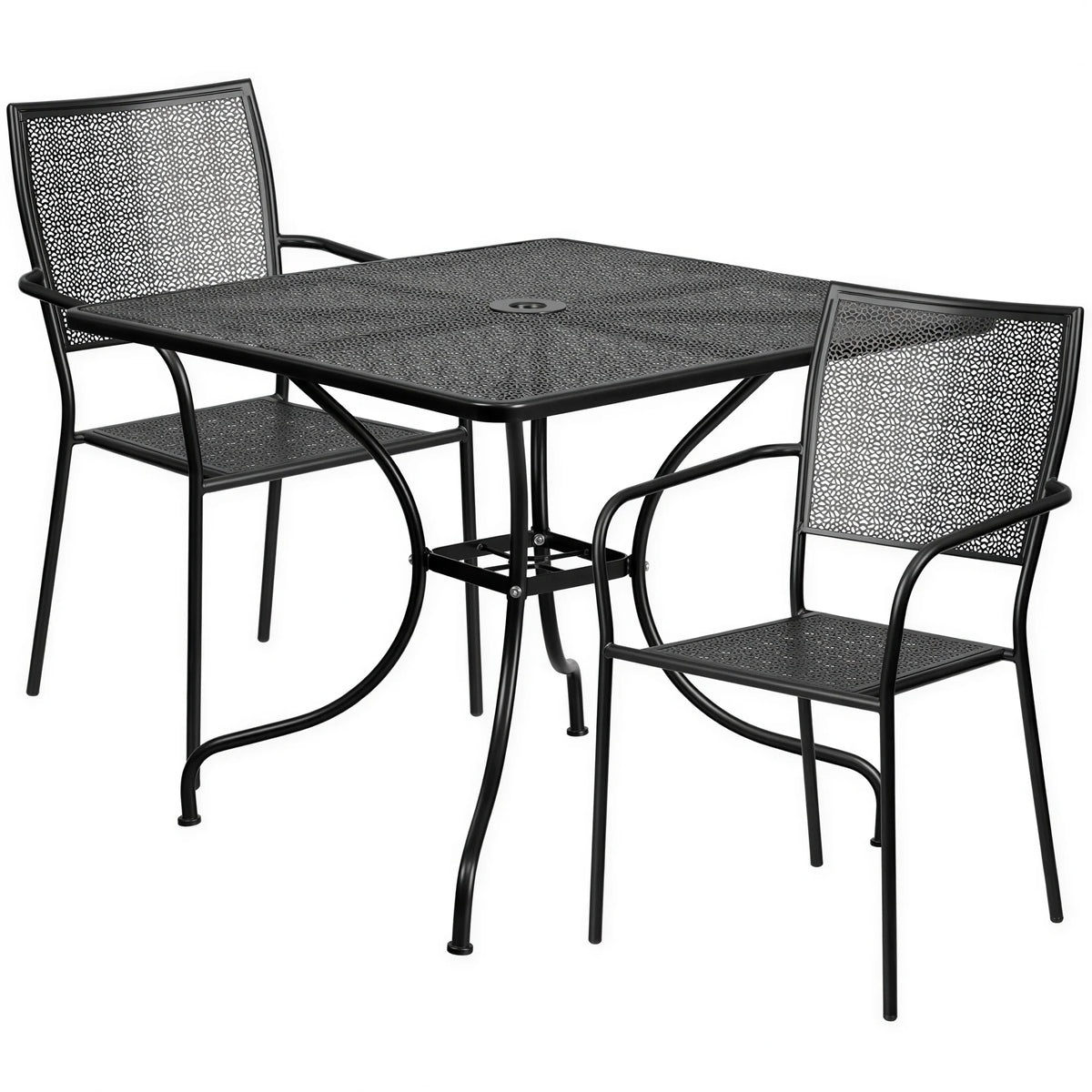Flash Furniture CO-35SQ-02CHR2-BK-GG Square Patio Table Set with 2 Stacking Arm Chairs, 35-1/2"W x 28-3/4"H, Black Steel