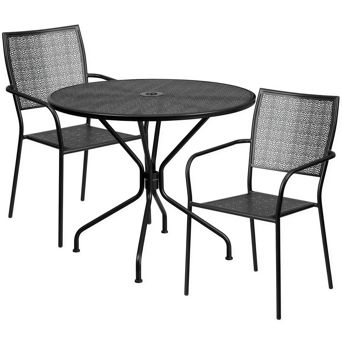 Flash Furniture CO-35RD-02CHR2-BK-GG Patio Table Set with Round Rain Flower Table and 2 Stacking Arm Chairs, Black Steel