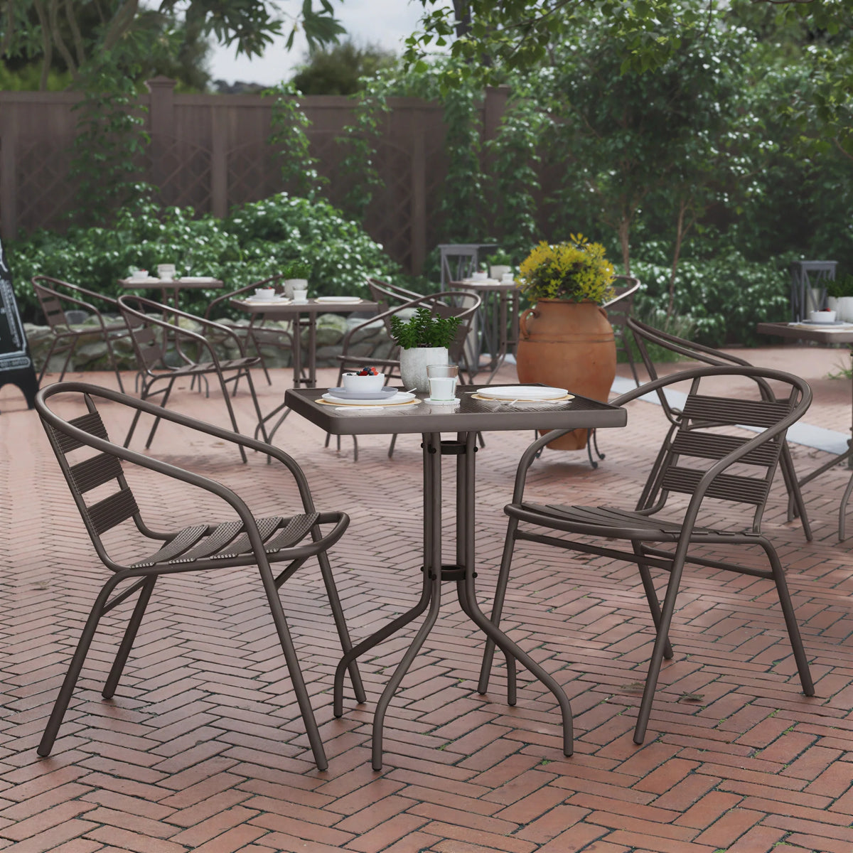 Flash Furniture TLH-0731SQ-017CBZ2-GG Square Glass-Top Metal Table with Four Bronze Aluminum Slat Stack Chairs