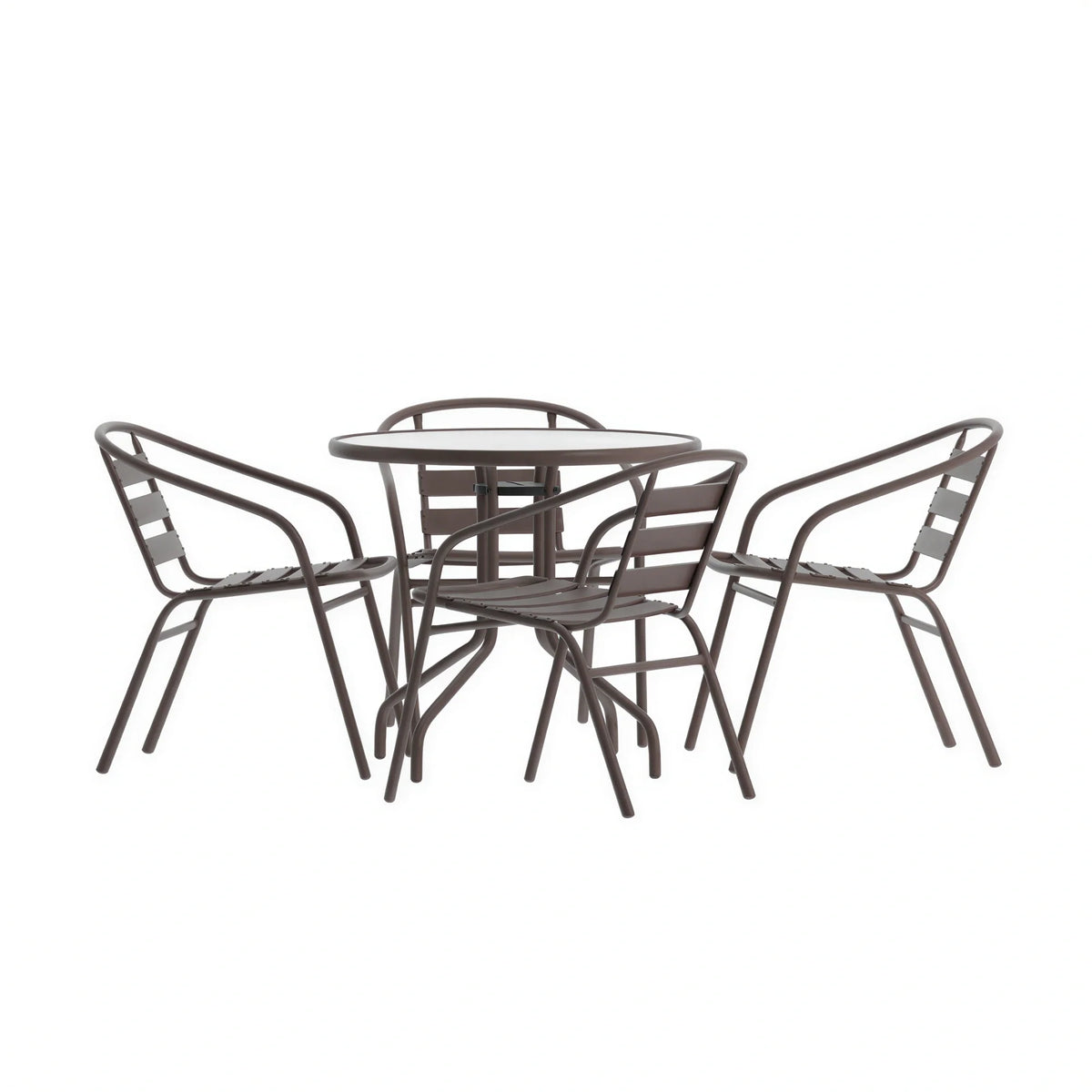 Flash Furniture TLH-072RD-017CBZ4-GG 31-1/2" Round Glass-Top Metal Table Set with 4 Bronze Aluminum Slat Stack Chairs
