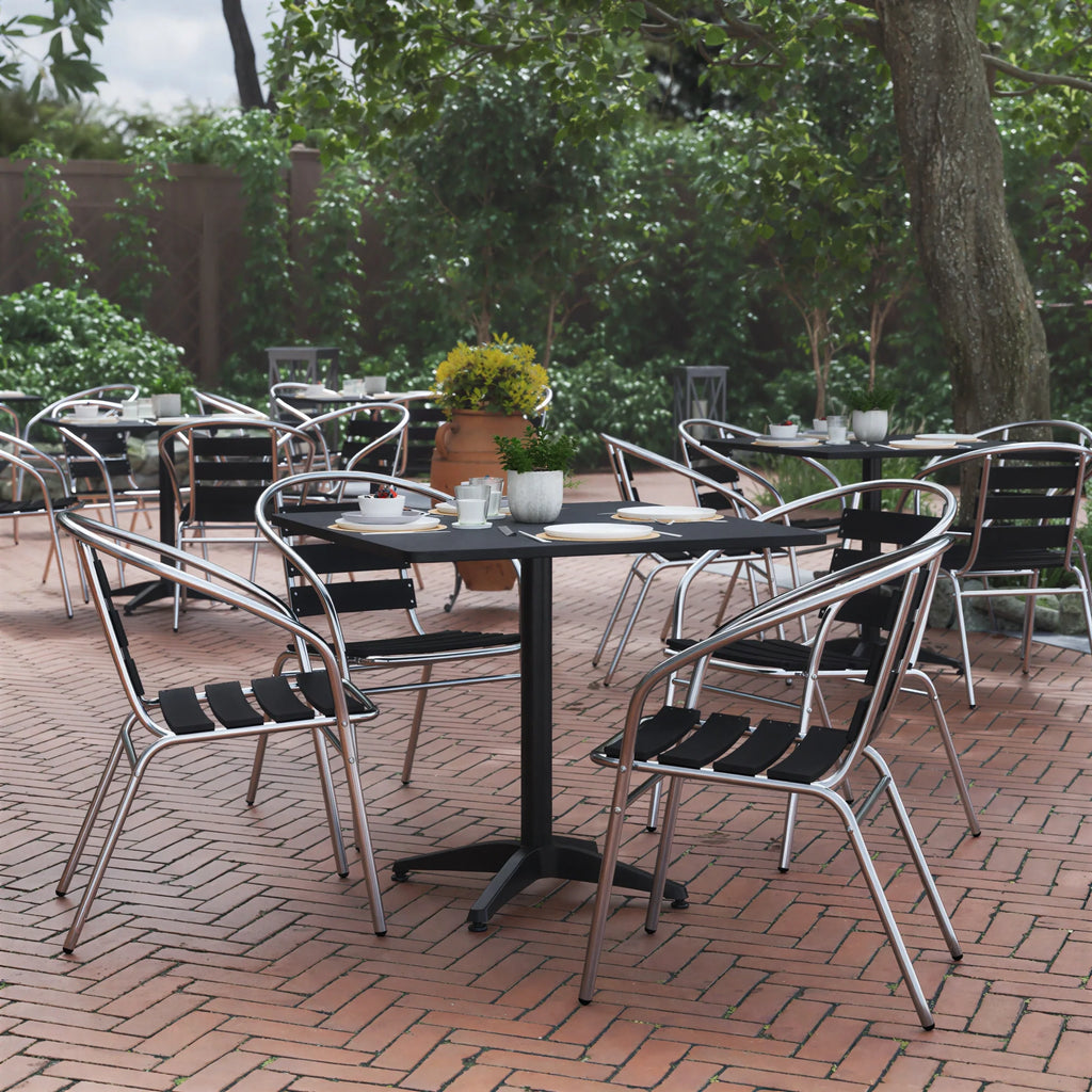 Flash Furniture TLH-ALUM-32SQ-017BK4-GG Square Metal Table with Two Black Aluminum Slat-Back Chairs Set