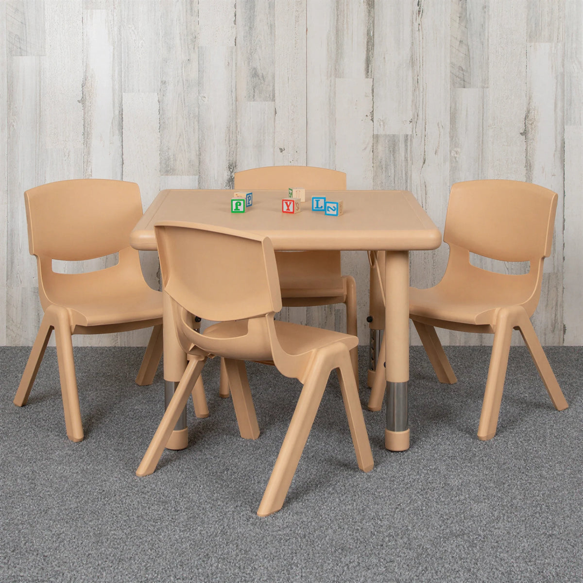 Flash Furniture Emmy YU-YCX-0023-2-SQR-TBL-NAT-E-GG Preschool Activity Table Set with Square Adjustable Table and 4 Stacking Chairs