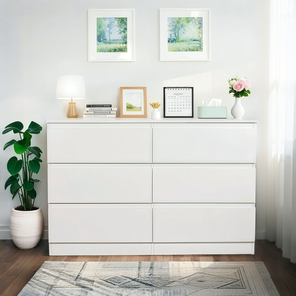 6 Drawer Dresser with Spacious Countertop and Concealed Handles - White or Black