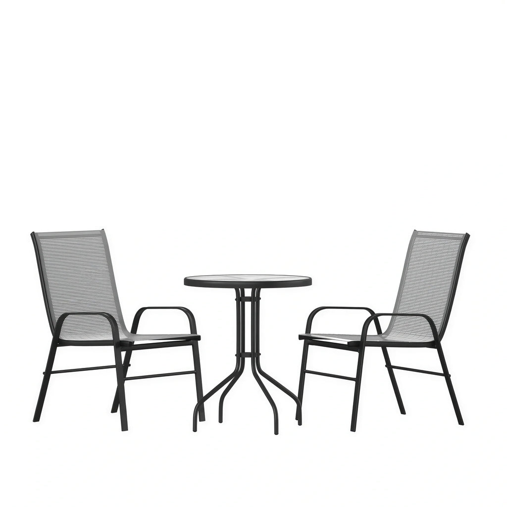 Flash Furniture TLH-0701303C-GY-GG 3-Piece Outdoor Patio Dining Set with 23.75-Inch Round Tempered Glass Table and 2 Gray Stack Chairs