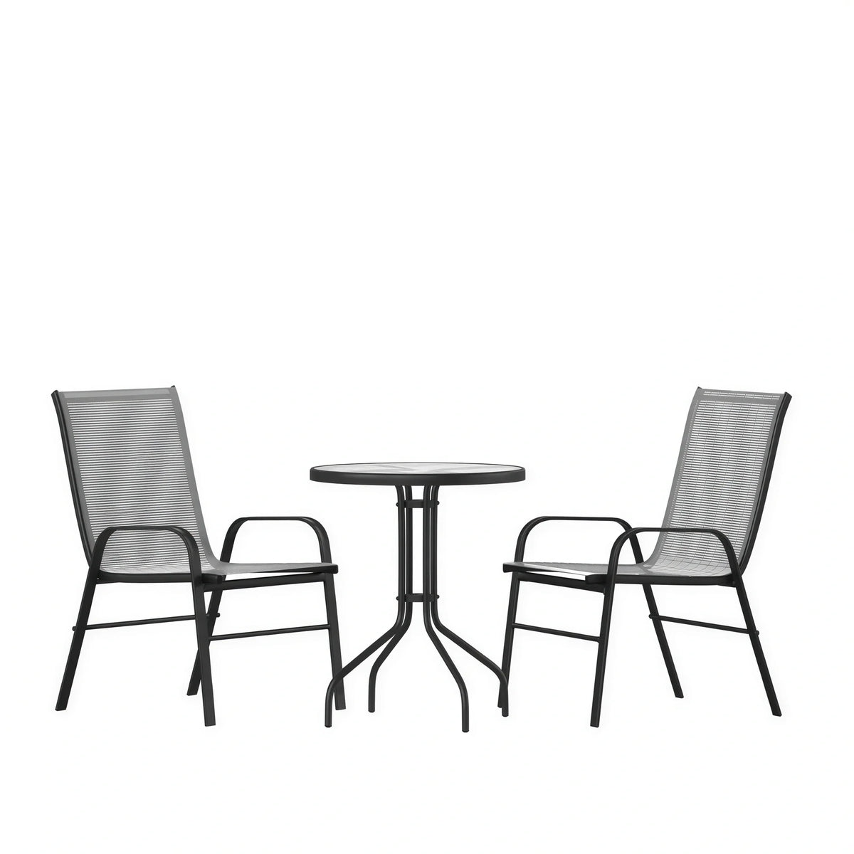 Flash Furniture TLH-0701303C-GY-GG 3-Piece Outdoor Patio Dining Set with 23.75-Inch Round Tempered Glass Table and 2 Gray Stack Chairs