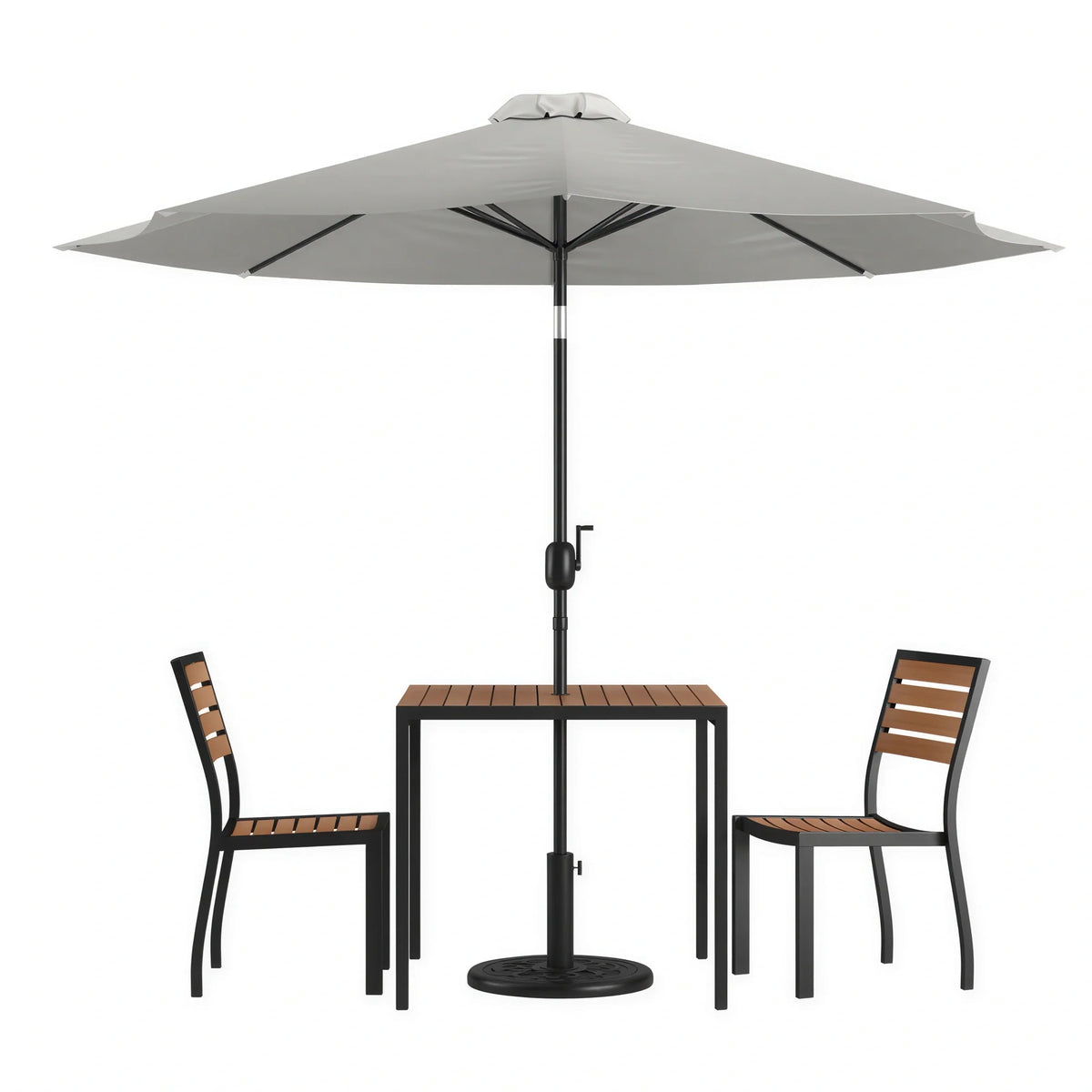 Flash Furniture XU-DG-810060362-UB19BGY-GG Patio Dining Table Set, 35-Inch Square Synthetic Teak Table with Gray Umbrella, Base & 2 Chairs