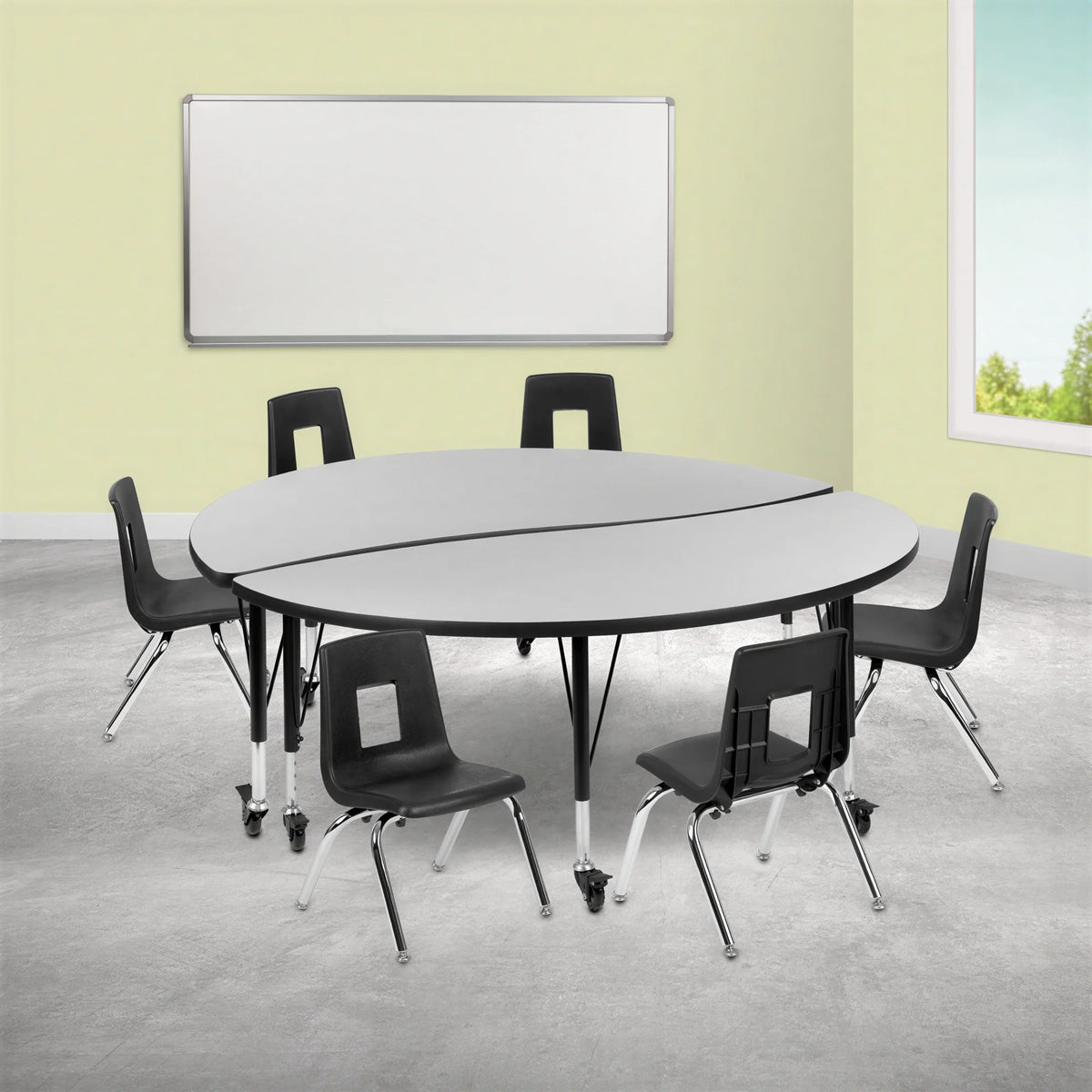 Flash Furniture Emmy XU-GRP-14CH-A60-HCIRC-GY-T-P-CAS-GG 60-Inch Round Laminate Activity Table with 6 Stack Chairs, Adjustable 17-25-Inch Height
