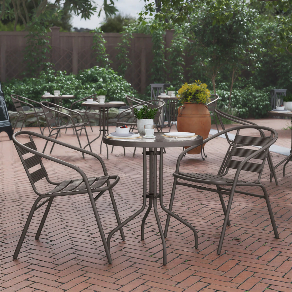 Flash Furniture TLH-071RD-017CBZ2-GG Round Glass-Top Metal Table Set with 2 Bronze Aluminum Slat Stack Chairs