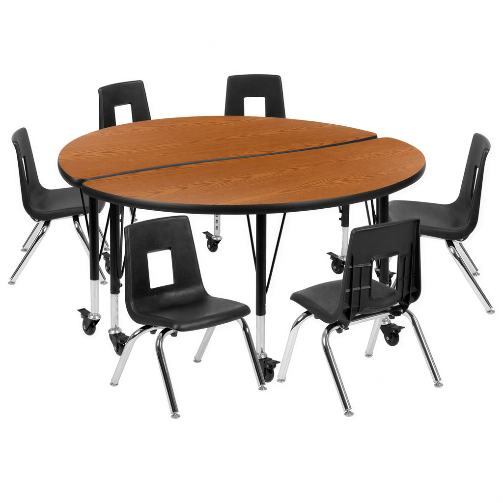 Flash Furniture Emmy XU-GRP-14CH-A48-HCIRC-OAK-T-P-CAS-GG Round Activity Table and 6 Stack Chairs, 48" Adjustable Height, Oak/Black