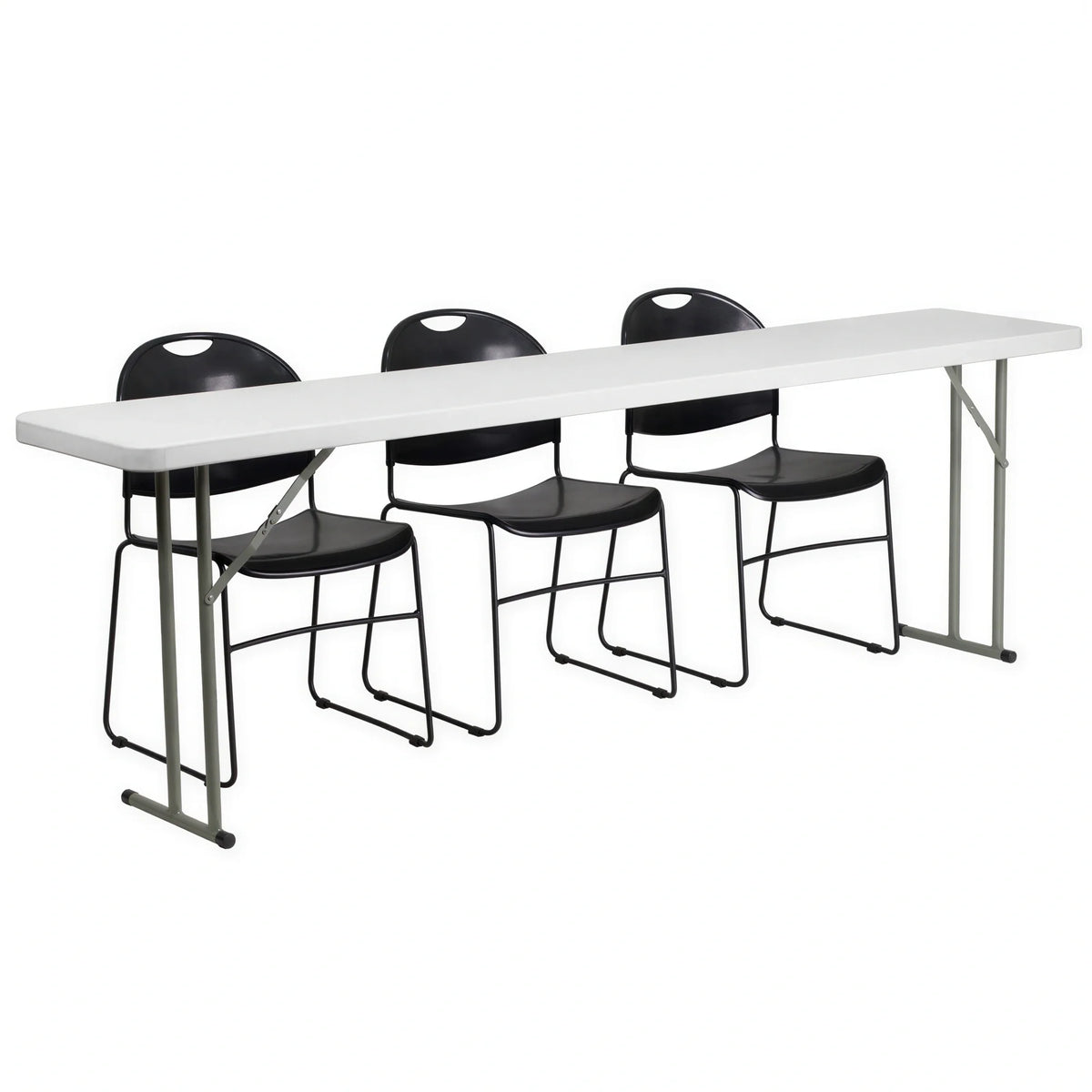 Flash Furniture RB-1896-1-GG Folding Rectangular Training Table and 2 Stacking Chairs, 96"W x 18"D x 29"H, Granite White