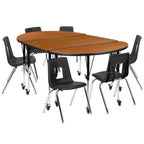 Flash Furniture Emmy XU-GRP-18CH-A3048CON-48-OAK-T-A-CAS-GG Oval Adjustable-Height Activity Table with 6 Stack Chairs, Oak/Black