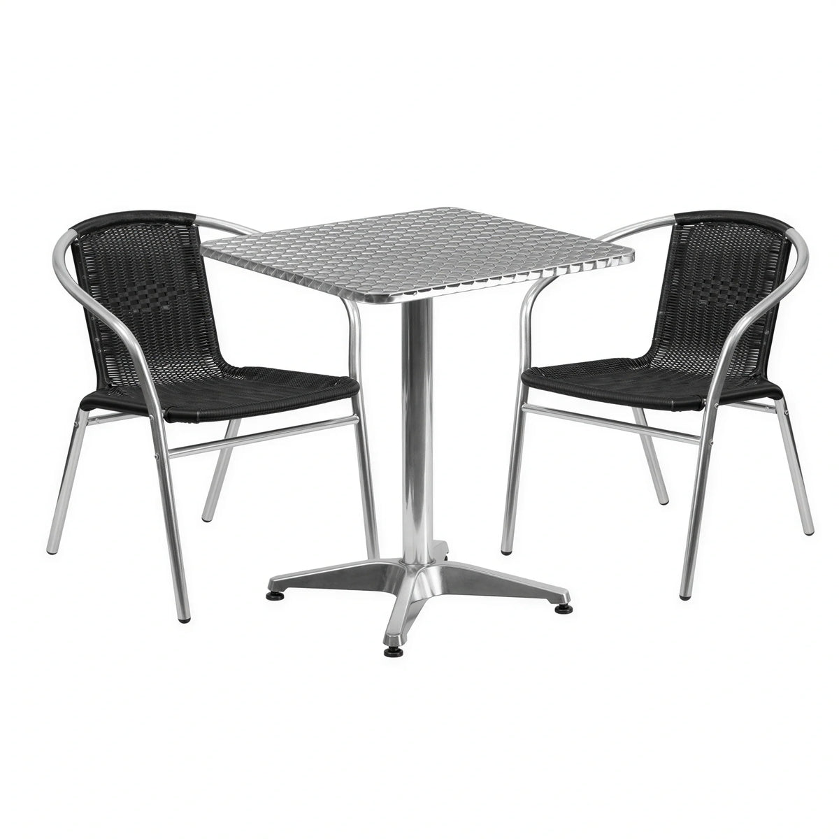Flash Furniture TLH-ALUM-24SQ-020BKCHR2-GG Square Stainless Steel-Top Table Set with Two Black Rattan Armchairs, Aluminum Frames