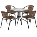 Flash Furniture TLH-073SQ-037BN4-GG Table & Chair Set, 28" Square 5mm Glass Table with 4 Stacking Arm Chairs, Dark Brown Rattan