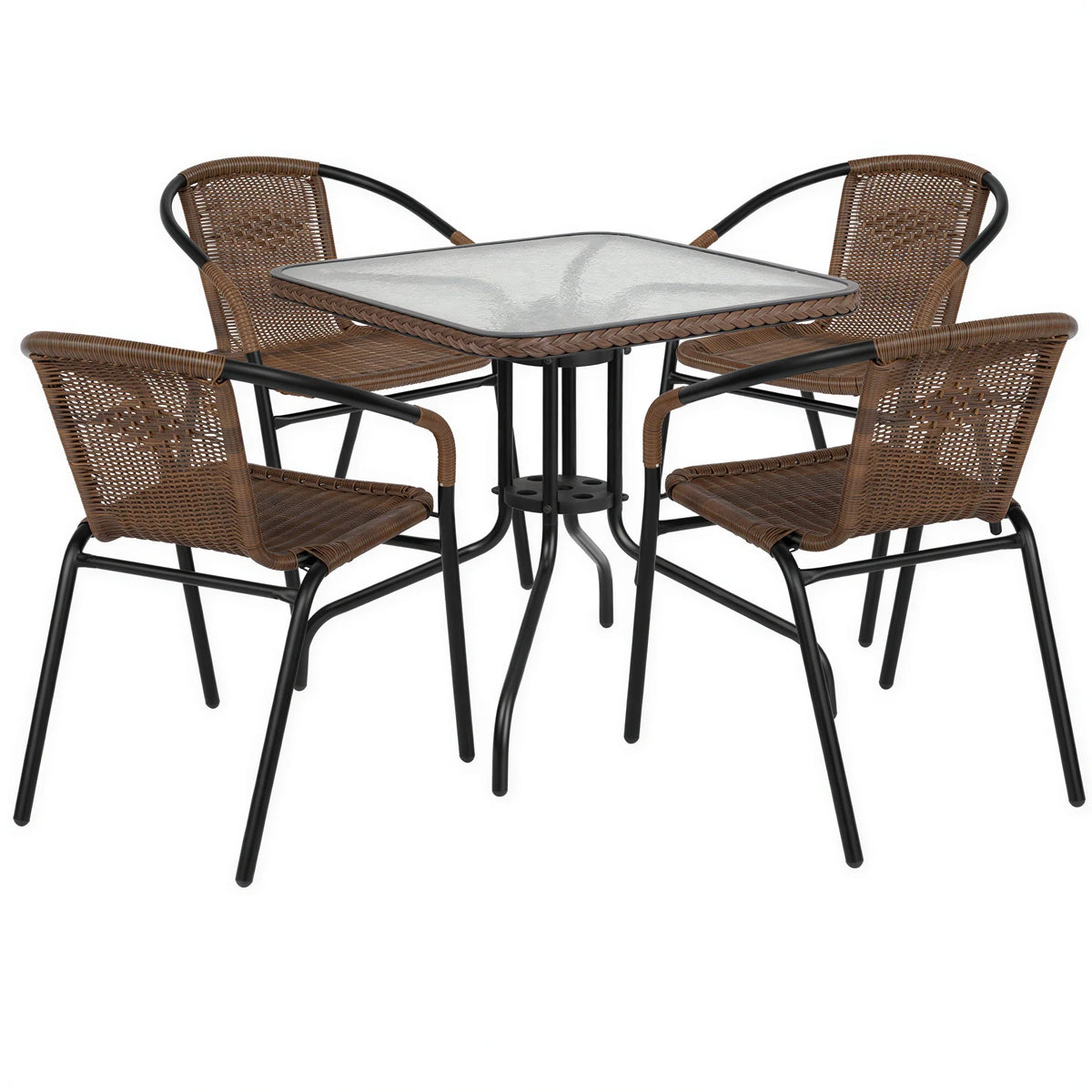 Flash Furniture TLH-073SQ-037BN4-GG Table & Chair Set, 28" Square 5mm Glass Table with 4 Stacking Arm Chairs, Dark Brown Rattan