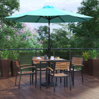 Flash Furniture XU-DG-810060064-UB19BTL-GG Patio Dining Table Set, 35" Square Synthetic Teak Slotted Top, Umbrella, 4 Stacking Chairs