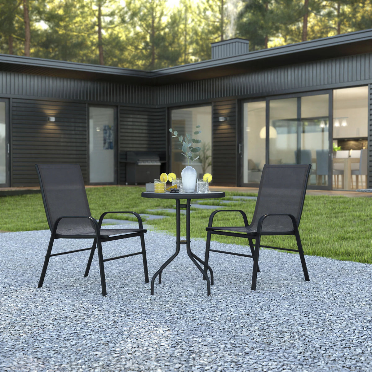 Flash Furniture TLH-0701303C-GG 3-Piece Outdoor Patio Dining Set with 23.75-Inch Round Tempered Glass Table and 2 Black Flex Comfort Stack Chairs