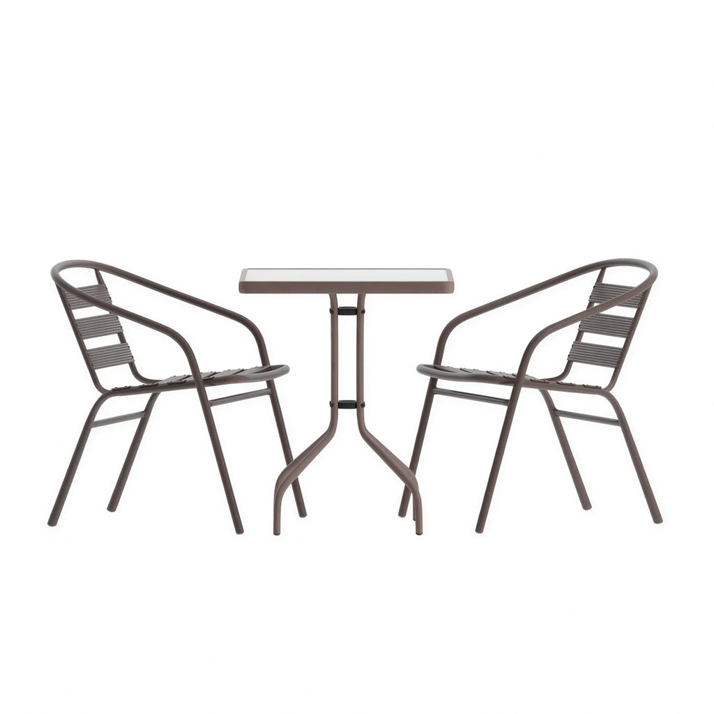 Flash Furniture TLH-0731SQ-017CBZ2-GG Square Glass-Top Metal Table with Four Bronze Aluminum Slat Stack Chairs