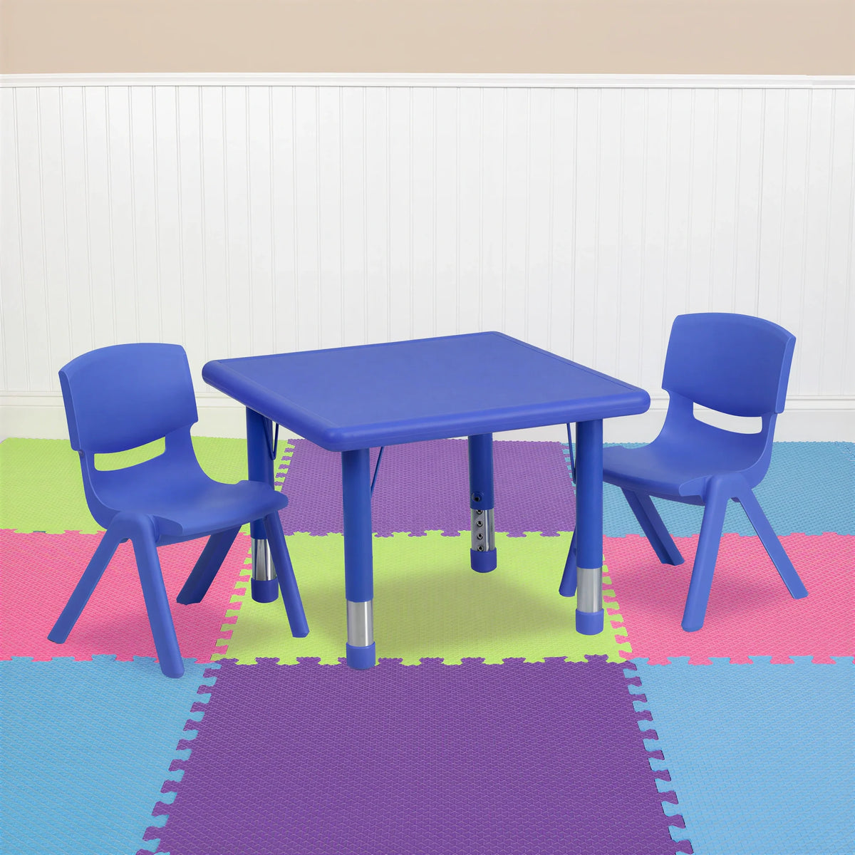 Flash Furniture Emmy YU-YCX-0023-2-SQR-TBL-BLUE-R-GG Preschool Activity Table Set, 24-Inch Square Adjustable Table with 2 Blue Stacking Chairs