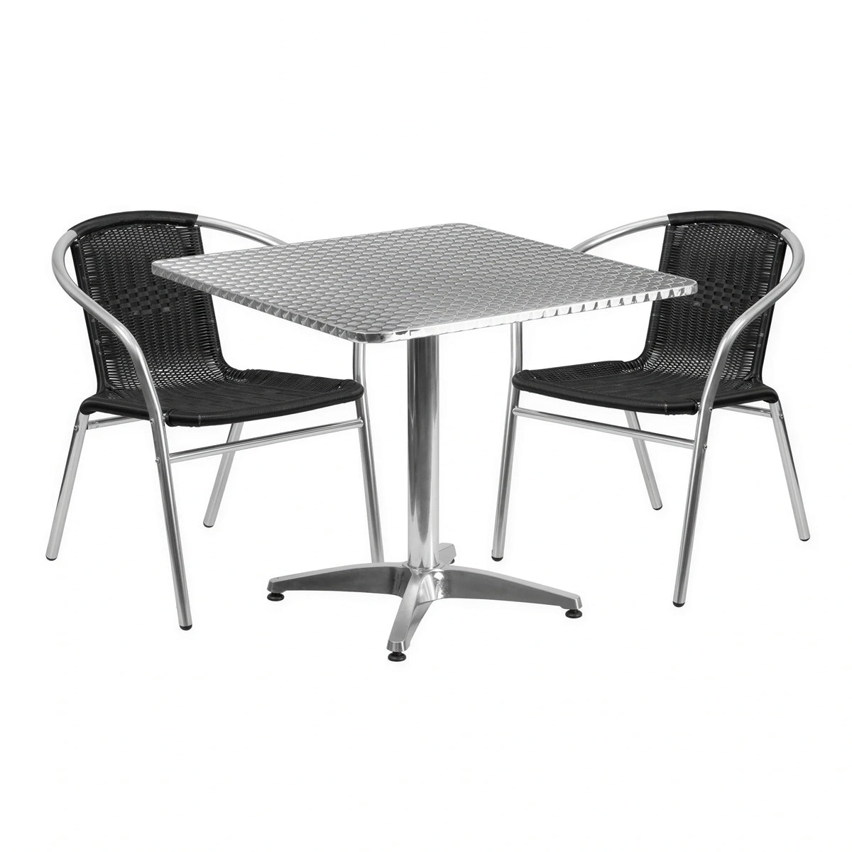 Flash Furniture TLH-ALUM-32SQ-020BKCHR2-GG Square Stainless Steel Table with 2 Aluminum Arm Chairs, Black Rattan
