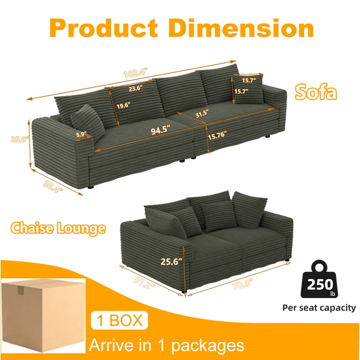 Modern Upholstered Sofa with Deep Cushions - Multiple Sizes & Colors