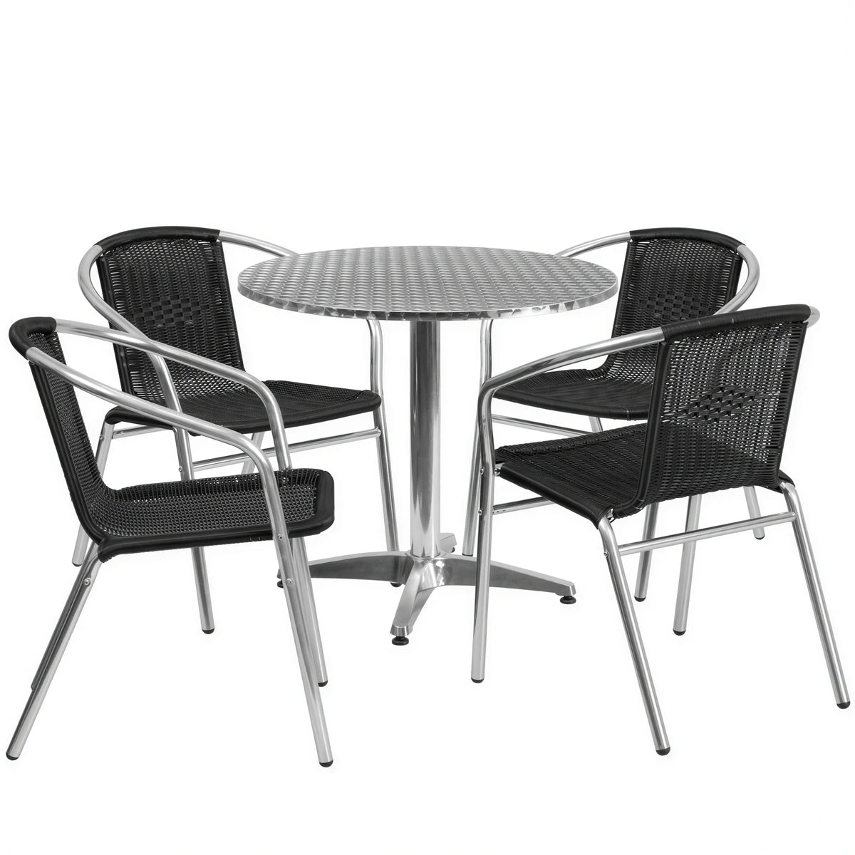 Flash Furniture TLH-ALUM-32RD-020BKCHR4-GG Round Stainless-Steel-Top Table with 4 Black Rattan Stacking Chairs