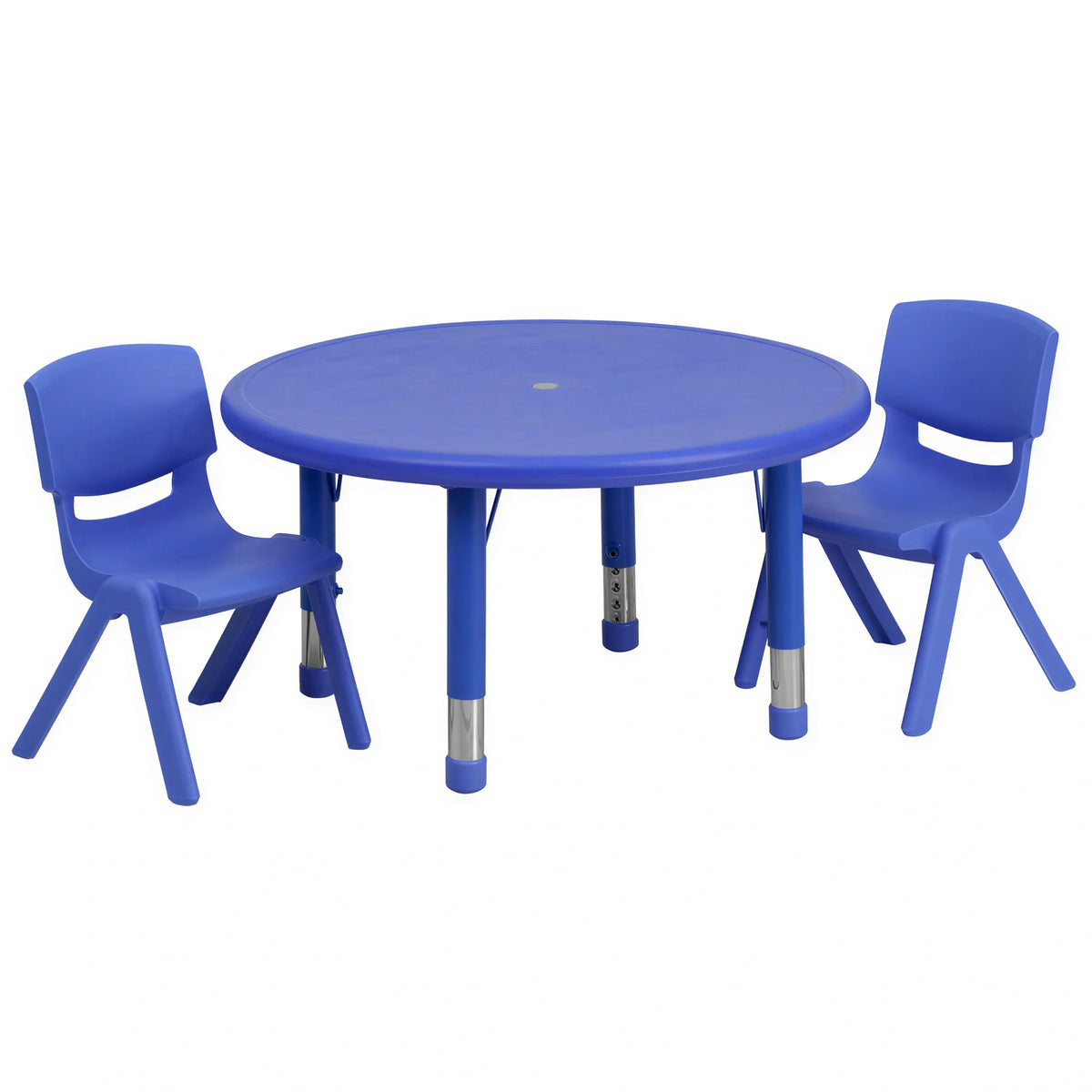 Flash Furniture YU-YCX-0073-2-ROUND-TBL-BLUE-R-GG Preschool Activity Table Set with 2 Blue Stacking Chairs, 33" Round, Adjustable Height