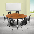 Flash Furniture Emmy XU-GRP-14CH-A48-HCIRC-OAK-T-P-CAS-GG Round Activity Table and 6 Stack Chairs, 48" Adjustable Height, Oak/Black
