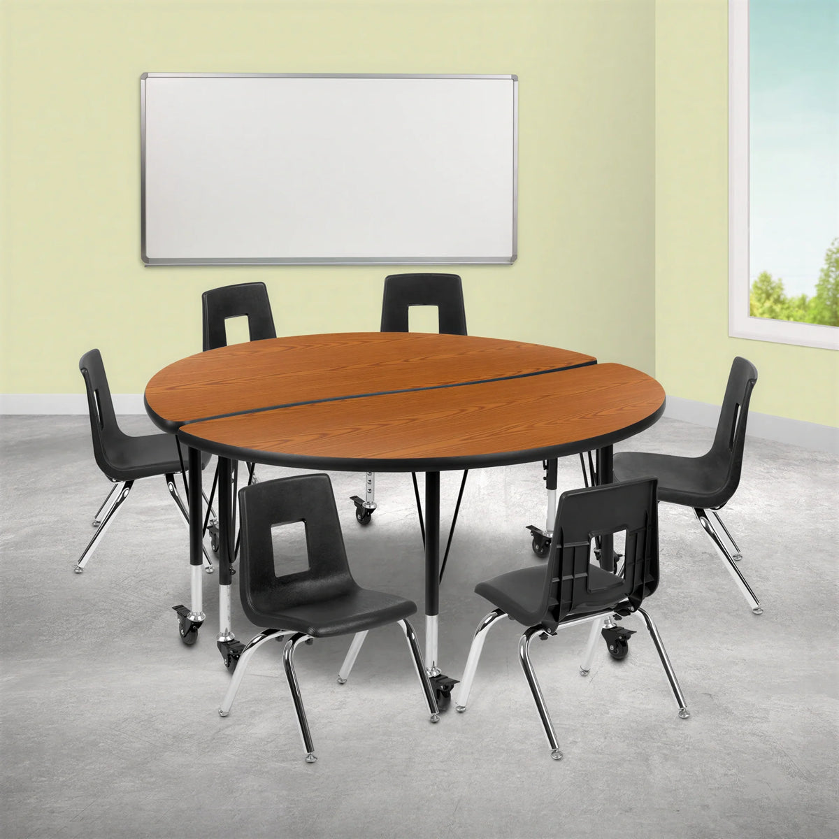 Flash Furniture Emmy XU-GRP-14CH-A48-HCIRC-OAK-T-P-CAS-GG Round Activity Table and 6 Stack Chairs, 48" Adjustable Height, Oak/Black
