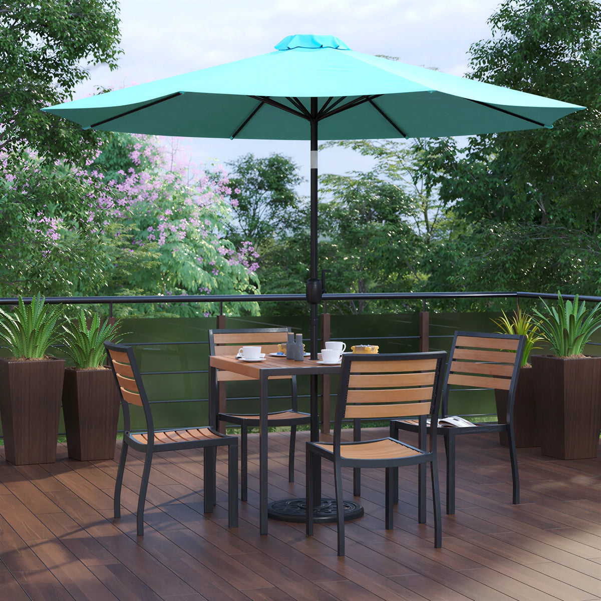 Flash Furniture XU-DG-810060364-UB19BTL-GG 35-Inch Square Synthetic Teak Patio Dining Table Set with Umbrella, Base and 4 Chairs
