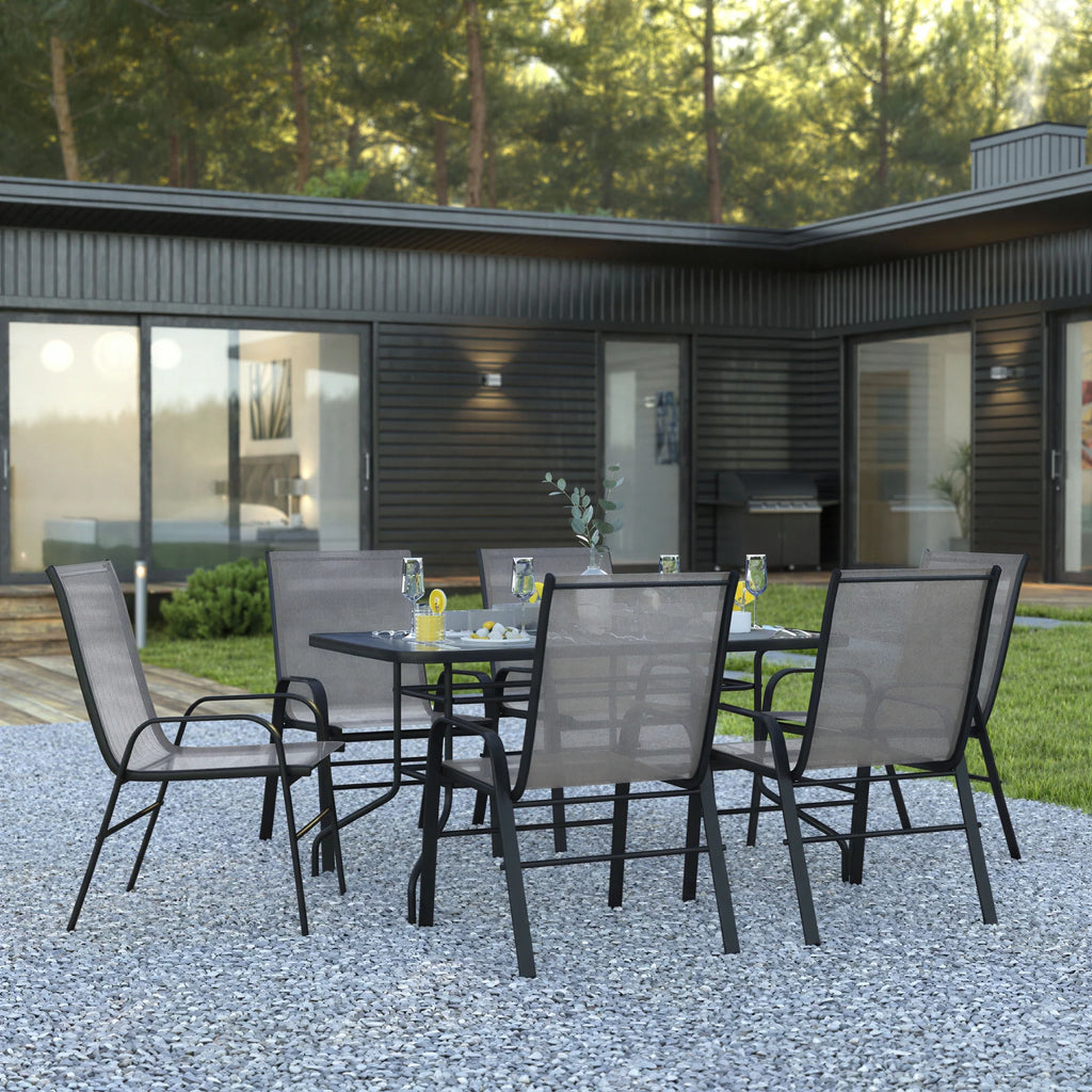 Flash Furniture TLH-089REC-303CGY6-GG 7-Piece Outdoor Patio Dining Set with 55-Inch Tempered Glass Table and 6 Gray Stack Chairs