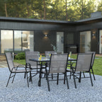 Flash Furniture TLH-089REC-303CGY6-GG 7-Piece Outdoor Patio Dining Set with 55-Inch Tempered Glass Table and 6 Gray Stack Chairs